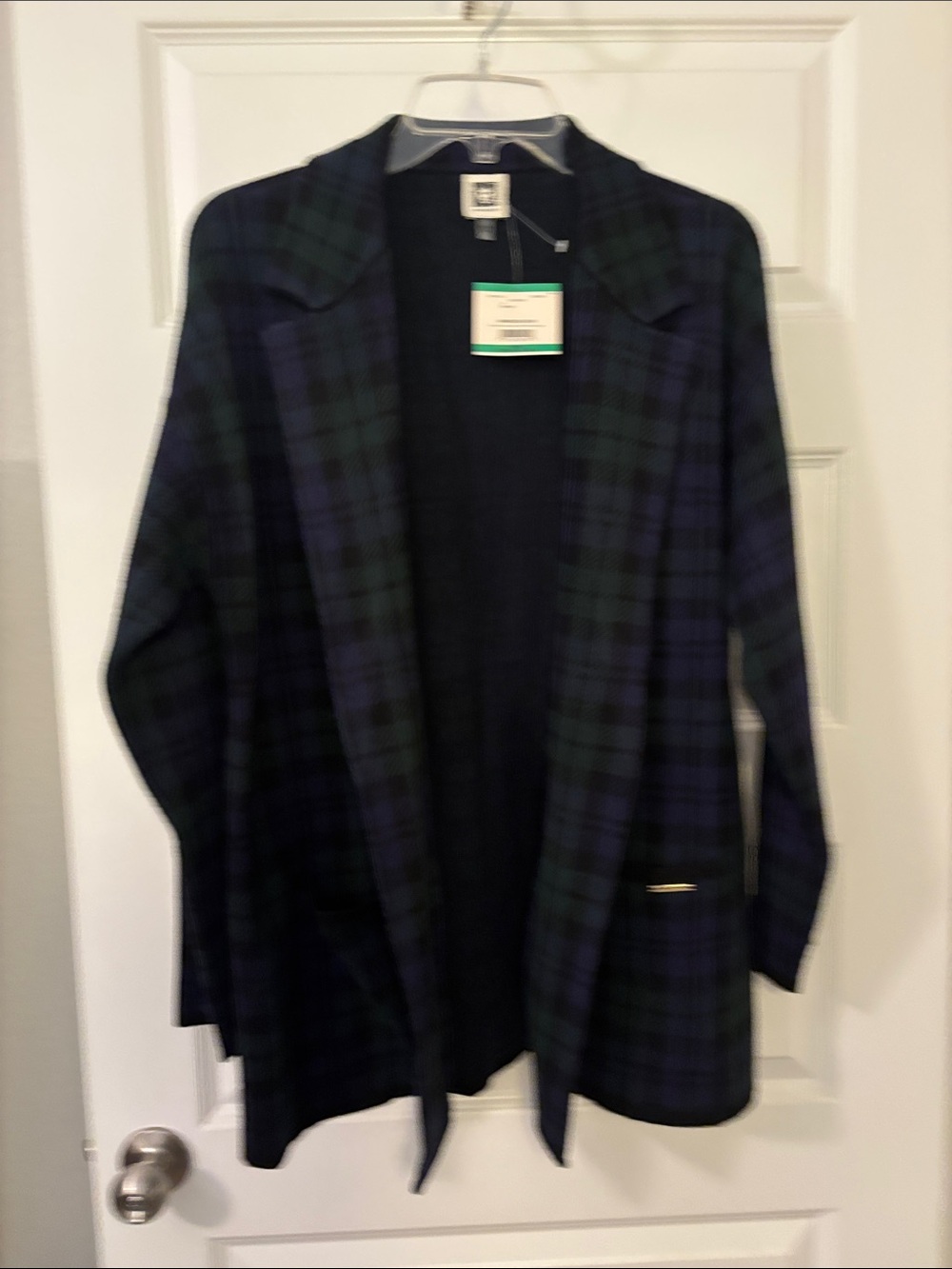Anne Klein Navy & Green Plaid Open-Front Cardigan SZ L Tartan Heritage  NWT